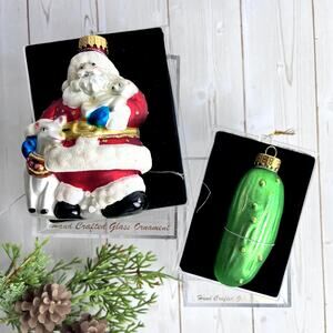 VTG Unique Treasure Handmade Glass Ornaments Lot of 2 Santa Christmas Pickle